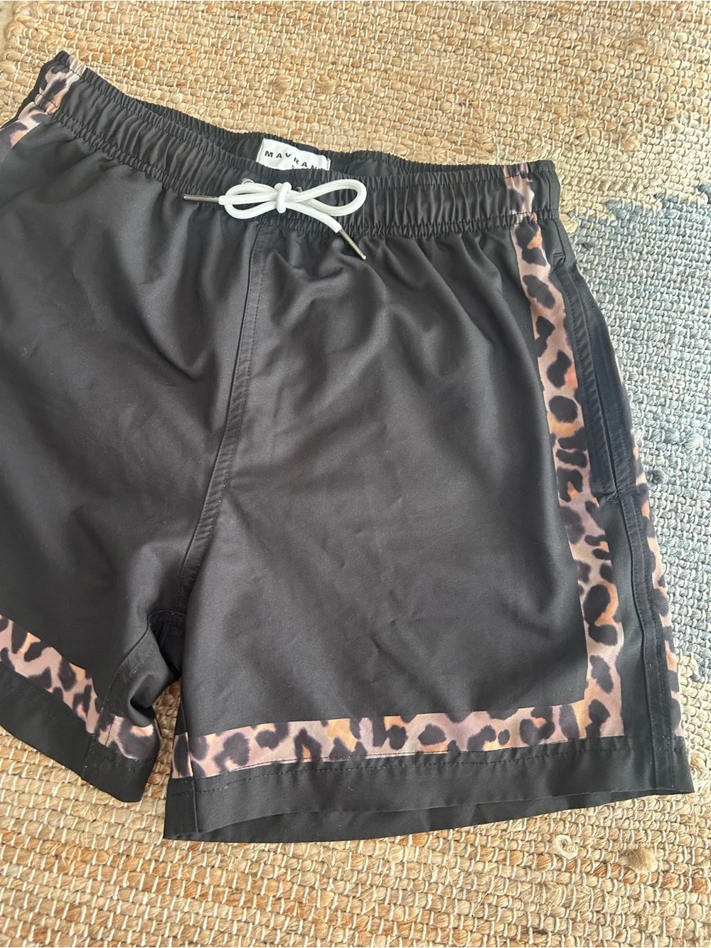 MAVRANS Black Leopard Trim Swim Trunks Board Shorts Size Small